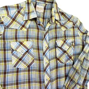 Vintage Ely Plains Pearl‎ Snap Shirt Men 16.5/34 Plaid Western 80s *Blemishes